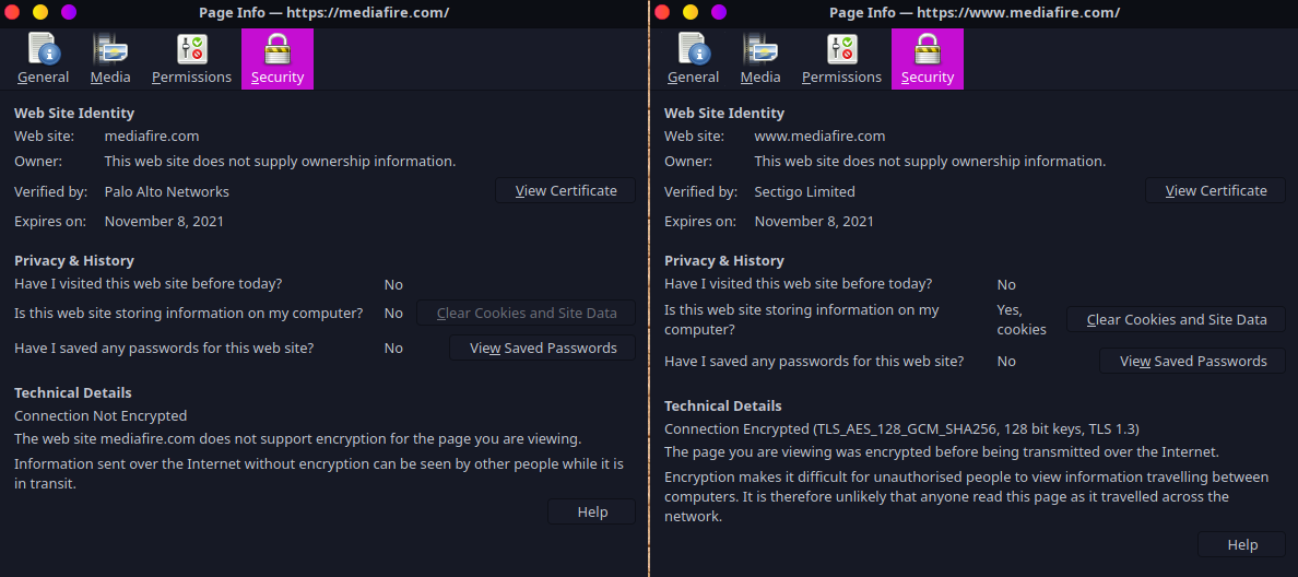 Left: Hijacked connection SSL cert; Right: Encrypted connection and correct SSL certificate