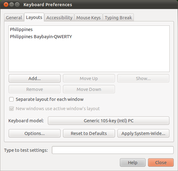 Keyboard Preferences - Select Philippines Keyboard Layouts